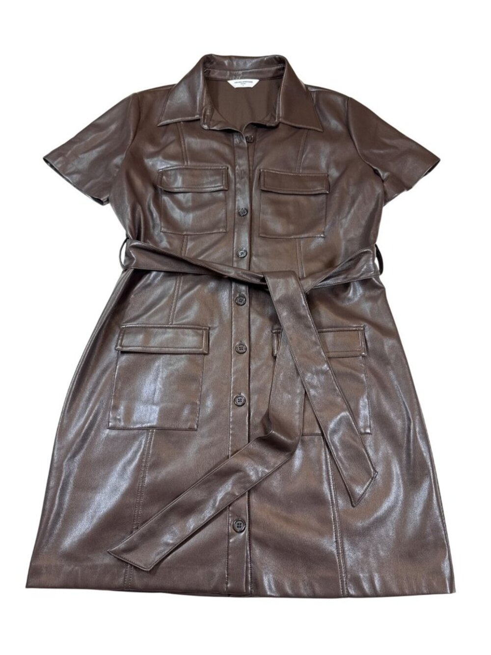 Amanda Uprichard Brown Faux Leather Belted Shirt Dress M Short Sleeve (MM731) - Picture 3 of 10